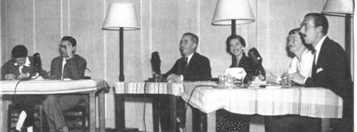 My Word! recorded at the Queen Elizabeth Hospital, Birmingham. (left to right): Nancy Spain, Denis Norden, Jack Longland (Chairman), Valerie Hodgetts (Sec. to Tony Shryane, keeping the score), Arnot Robertson and Frank Muir.